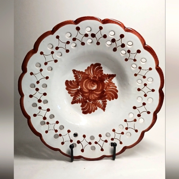 Portugal Pierced Rim White Pink Flowers 9.5" Pedestal Bowl handpainted - Picture 1 of 4